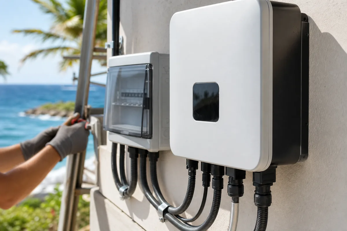 Technicien vérifiant le câblage électrique d’un onduleur solaire sur un mur extérieur en Guadeloupe
